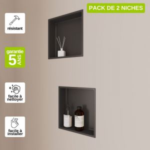 Lot de 2 Niches de Douche, Rangement mural de Salle de Bain et Douche 30x30cm Noir Satiné, nook by sanizéo