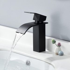 Robinet de Lavabo Cascade Noir Robinet Salle Bain Mitigeur Lavabo Carr, Cascade Mitigeur Salle Bain Monocommande Chaude et Froide R茅glable,Style
