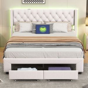Lit adulte 140x190,lit 140x190,lit double,avec 2 tiroirs,tête de lit avec poches latérales, led réglable, dossier moelleux, design rivets, velours,