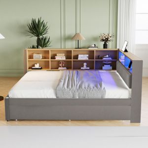 Canap&eacute;-lit 140200, lit escamotable 90190 avec &eacute;clairage LED, prises de courant et multiples compartiments de rangement, flanelle, gris fonc&eacute;