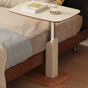 Table d&rsquo;Appoint Relevable, Table Basse d&rsquo;Appoint &agrave; Hauteur R&eacute;glable avec Plateau Rotatif 360&deg; en Similicuir, Table en Forme de C pour Canap&eacute;, Chevet