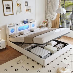 HYTKKBD &ndash; Lit Coffre 160x200cm avec T&ecirc;te de Lit Rangement &ndash; Chargement USB et &Eacute;clairage LED &ndash; M&eacute;canisme de levage Hydraulique &ndash; Lit Adulte &ndash; Sommier