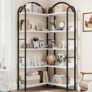 Hoerfuriy - Bibliothèque d'angle à 5 niveaux, étagère d'angle industrielle en Bois et Métal, Meuble de Rangement,étagère de rangement pour bureau à