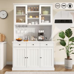 Buffet haut vaisselier de cuisine 120x40x191 cm, armoire de rangement avec portes en verre et porte verres, prises USB et secteur int&eacute;gr&eacute;es, Blanc