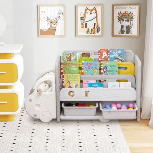Rangement pour Jouets et Biblioth&egrave;que pour Enfants Meuble de Rangement a 3 Niveaux avec 2 Bo&icirc;tes de Rangement Roulettes D&eacute;coratives