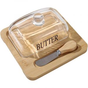 Beurrier Plateau de service en verre avec couvercle &ndash; Beurrier avec couteau, id&eacute;al pour le plan de travail, la table &agrave; manger, le petit-d&eacute;jeuner, les