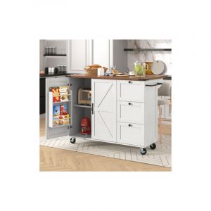 Desserte de cuisine avec 5 roulettes, 3 tiroir, 2 portes avec &eacute;tag&egrave;res, plan de travail rabattable, porte-serviettes, beige et marron