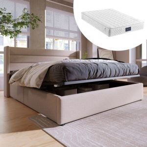 Lit coffre lit rembourr&eacute; lit double hydraulique 160x200cm, avec matelas, sommier &agrave; lattes en bois, lit avec sommier &agrave; lattes en m&eacute;tal, lin, beige