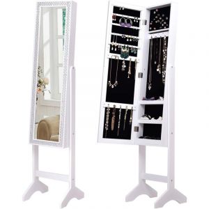 Relax4life - Armoire à Bijoux sur Pieds avec Miroir Pleine Longueur hd, Organisateur de Bijoux à Angle Réglable avec Cadre Strass, Grande Capacité