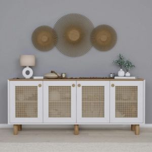 Buffet salle &agrave; manger blanc, cannage et effet noyer clair VAREN