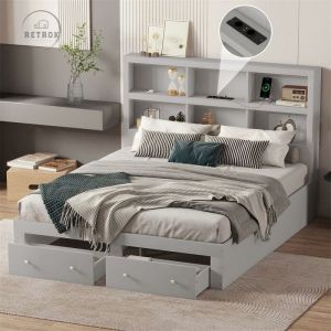 Lit adulte 160x200cm en bois mdf - lit double à plateau kingsize avec deux tiroirs au pied du lit, tête de lit avec espace de rangement - gris