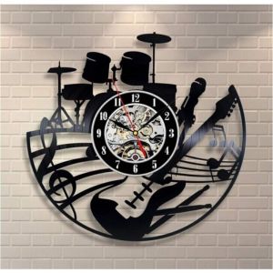 Musique Guitare Vinyle Disque Horloge Murale Design Moderne Art Murale Cr&eacute;ative Salon Chambre D&eacute;coration Horloge avec LED 12 Pouces