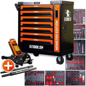 Servante d'atelier BM TOOLS 9/7 MONSTER-EDITION-ORANGE 7 tiroirs pleins 257 outils + Cric hydraulique Kraft Muller 2,25T ORANGE