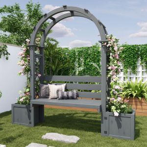 Banc pergola avec 2 bacs &agrave; fleurs et treillis arqu&eacute; 160x30,5x160 cm, rangement, bois massif gris