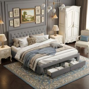 Lit 160x200 cm, lit avec t&ecirc;te de lit capitonn&eacute;e et rangement, syst&egrave;me de stockage &agrave; soul&egrave;vement hydraulique, avec 2 tiroirs en bout de lit, velours,