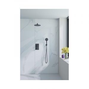 Calvi Ensemble de douche pluie encastrable - thermostatique - bras mural - pommeau 25cm - douchette ronde - Noir mat - Fortifura