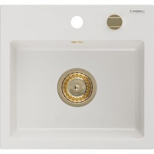 Mexen - Milo &eacute;vier en granit &agrave; 1 cuve 435 x 410 mm, Blanc, siphon Or - 6505441000-20-G