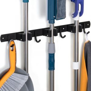 Accroche Balai Mural, Porte Balais Mural avec 3 Supports et 4 Crochets, Support Balais Mural sans Percage, Attache Balai Mural avec Vis, Range Balai