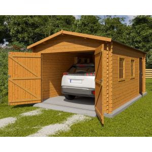 Trigano &ndash; Garage bois 3,30 x 5,10 m &ndash; Parois 34 mm &ndash; Murs hauts 2,11 m &ndash; Traitement Autoclave IV &ndash; 2 fen&ecirc;tres pour &eacute;clairage naturel