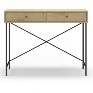 Meuble console, table de console avec 2 tiroirs aspect bois coloris ch&ecirc;ne et pieds en m&eacute;tal noir - Longueur 110 x Profondeur 35 x Hauteur 85 cm