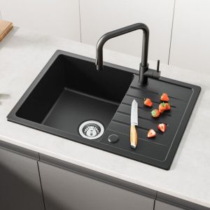 Cecipa - Evier 1 Bac avec Egouttoir 65 x 45 cm Evier de Cuisine à Encastrer en Quartz et Résine Evier 1 Bac Noir Deux directions d'installation