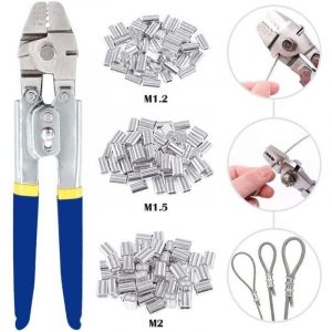 Outil de sertissage de c&acirc;bles m&eacute;talliques pour cable m&eacute;tallique jusqu'&agrave; 2,2 mm avec 150 manchons de sertissage double barillet en aluminium de 3