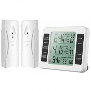 Thermomètre Frigo, Thermometre Réfrigérateur avec Alarme Congélateur, Thermomètre Intérieur Extérieur Sans Fil avec 2 Capteurs, MIN/MAX et Alarme