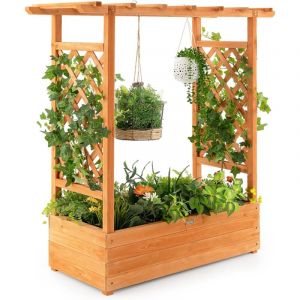 Jardinière avec 2 Treillis Latéraux Toit Suspendu en Bois de Sapin avec Trou de Drainage, Lit de Jardin pour Plante Grimpante Résistance aux