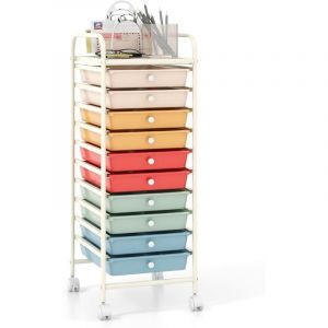 Chariot de Rangement 10 Tiroirs &agrave; roulettes, Tour de Rangement &agrave; roulettes, Tiroirs en Plastique&Cadre en Acier, pour Chambre, Bureau, 37x33x86CM