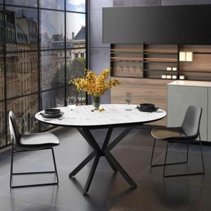 Table ronde &agrave; rallonge avec plateau effet marbre blanc mat et pieds noirs 126 cm - Bagok