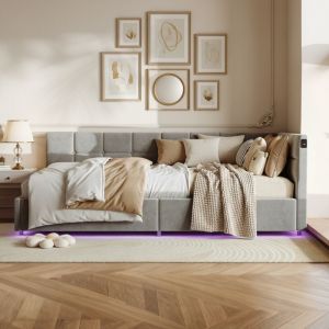 Lit Simple Coffre 90x200 cm Gris - Banquette-Lit avec Rangement Hydraulique - T&ecirc;te de Lit d'Angle - &Eacute;clairage LED RGB et Ports USB/Type-C Int&eacute;gr&eacute;s