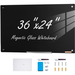 Mophorn - vevor Tableau Magnetique Effacable a Sec en Verre Noire 90 x 60 cm, Grand Tableau Memo Mural sans Cadre, avec Plateau de Marqueurs, un