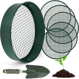 Tamis de jardinage en acier inoxydable de 30,5 cm avec 5 tamis fins rempla&ccedil;ables, 1 cuill&egrave;re, tamis &agrave; sable, 3 mm, 5 mm, 8 mm, 10 mm, 12 mm (vert)