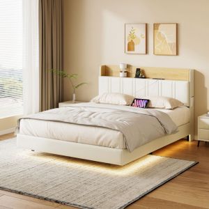 Lit adulte 160x200cm - Lit Suspendu avec LED RGB, T&ecirc;te de Lit avec Coffre de Rangement, USB et Type-C - Simili Cuir PU - Blanc