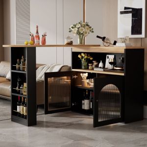Tanant - Meuble bar, Table de bar avec plusieurs compartiments ouverts et portes vitrées, bande lumineuse led à couleur changeante, table de bar