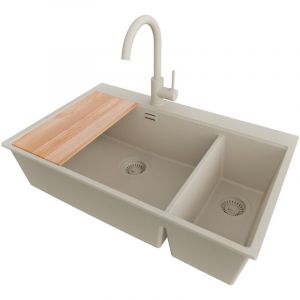 PRIMAGRAN Evier Cuisine en Granit 78x50cm, Lavabo 2 bacs + Robinet 32x20cm + Kit de Vidage + Accessoire, Évier à Encastrer au meuble 80cm - Oslo Duo,