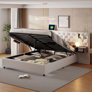 Lit coffre 160x200 cm - avec deux liseuses - fonction recharge USB - deux tiroirs de chevet - velours - rangement hydraulique - sommier à lattes