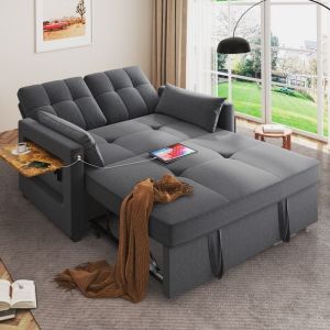 Canape-lit 3 en 1 convertible 2 places avec sac, ports de charge USB/Type-C, coussins, plateau de canapé, 177 x 112 x 46 cm, fauteuil-lit reglable,