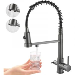 Robinet de cuisine &agrave; trois voies, robinet de cuisine extractible, robinet d'&eacute;vier en laiton, robinet mitigeur de filtre &agrave; eau 3 en 1 (gris)