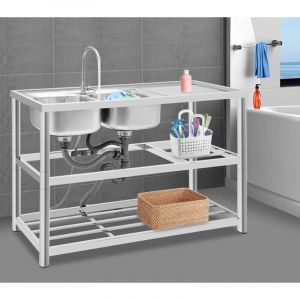 &Eacute;vier de cuisine en acier inoxydable - 2 bacs - 3 niveaux - Autoportant - &Eacute;vier gastro pour cuisine, restaurant, camping - 120 x 45 x 80 cm - Avec