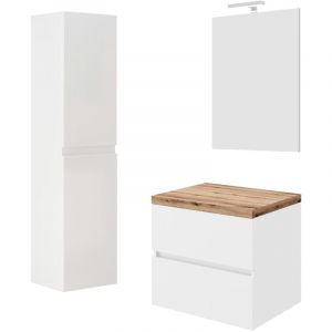 CITY Meuble simple vasque à poser 2 tiroirs Blanc et plan chêne naturel largeur 60 cm + miroir + colonne