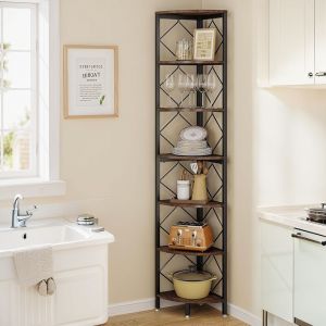 &Eacute;tag&egrave;re d'angle &agrave; 7 niveaux,biblioth&egrave;que d'angle extra haute de 200 cm,biblioth&egrave;que d'angle industrielle fine,Style Vintage,Marron