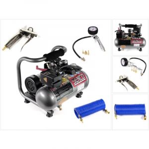 Senco PC 1010 EU Ensemble complet Compresseur d'air, tuyau spiral&eacute; 6x9 mm, gonfleur de pneus et soufflette.