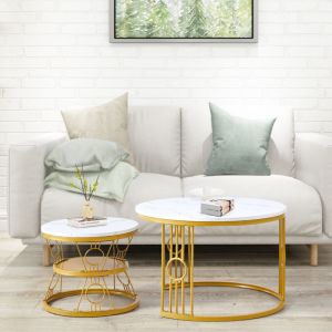 Table basse gigogne ronde, ensemble de 2 tables basses modernes avec plateau en faux marbre, table gigogne blanche avec cadre en m&eacute;tal dor&eacute; pour
