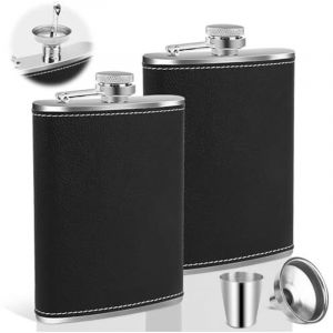 [JAMAIS UTILIS&Eacute;]Flasque de Whisky, 2pcs 8oz Flasque en Acier Inoxydable Noir Portable Cuir Flasques avec Entonnoir, pour Randonn&eacute;e, Voyage, P&ecirc;che,