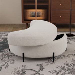 Banc de Rangement 86x47,5x43cm - Pouf Coffre Demi-lune avec Plateau - Table d'Appoint - Bout de Lit - Salon Entr&eacute;e - Chenille Ivoire