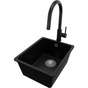 Primagran - Evier Cuisine en Granit 36x44cm, Lavabo 1 bac + Robinet 40x20cm + Kit de Vidage, &Eacute;vier &agrave; Encastrer au meuble 40cm - Venise Slim Easy, Noir