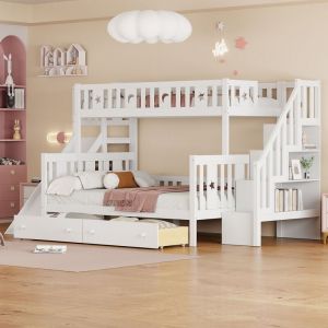 Hauss Spole - Lit enfant 90x200/140x200 cm, lit superposé avec toboggan et étagère de rangement, Lit gigogne, sommier à lattes, sans matelas, 2