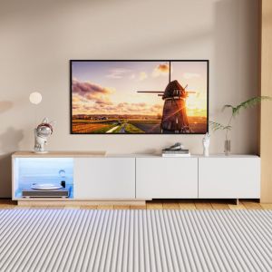 Meuble TV 240 cm, meuble TV avec 3 tiroirs et compartiments ouverts, grand espace de rangement, pieds en bois, moderne, Blanc