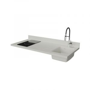 Plan de travail monobloc PlaniQuartz avec &eacute;vier - 140 cm - Snova - &eacute;vier &agrave; droite - Plaque de cuisson Vitroc&eacute;ramique